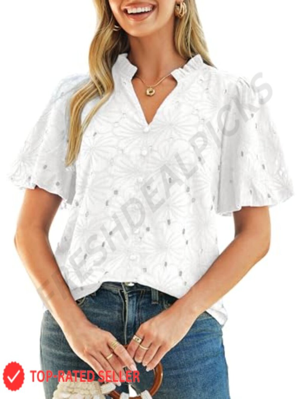 Womens V Neck Puff Sleeve Eyelet Lace Blouse